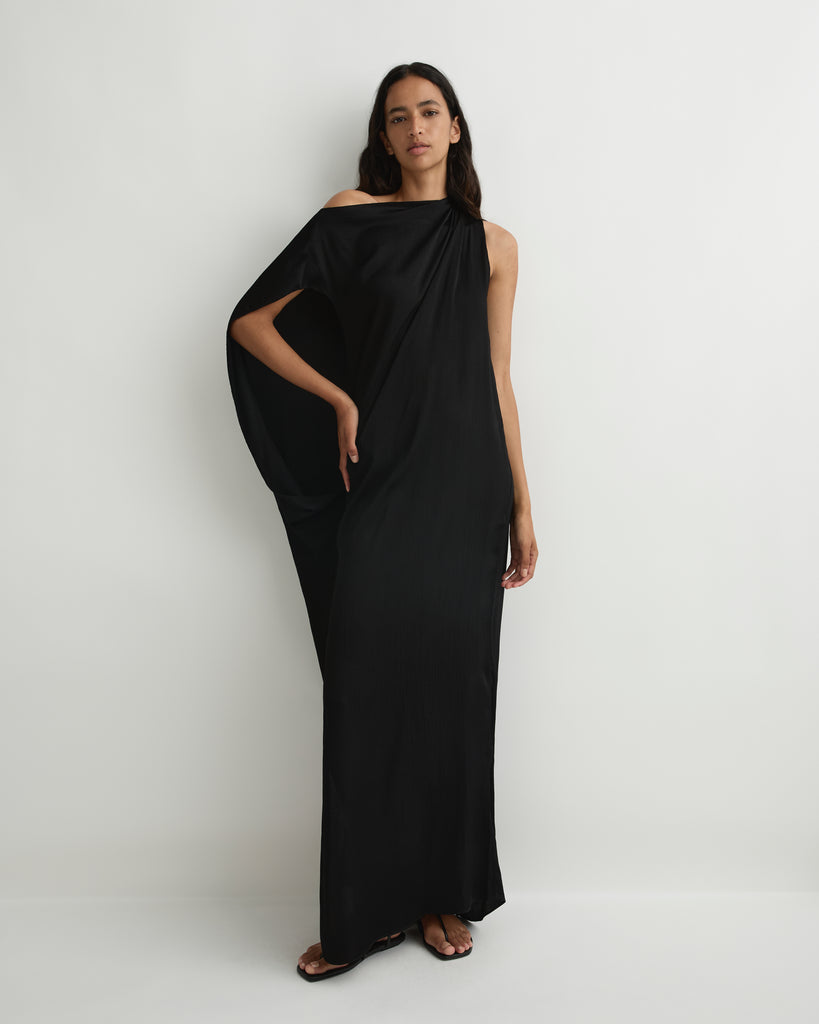 bondi born black dress Ardea Asymmetric Maxi - Its wide high neckline 250styles Size:15 32-33 Beatrice Black and White