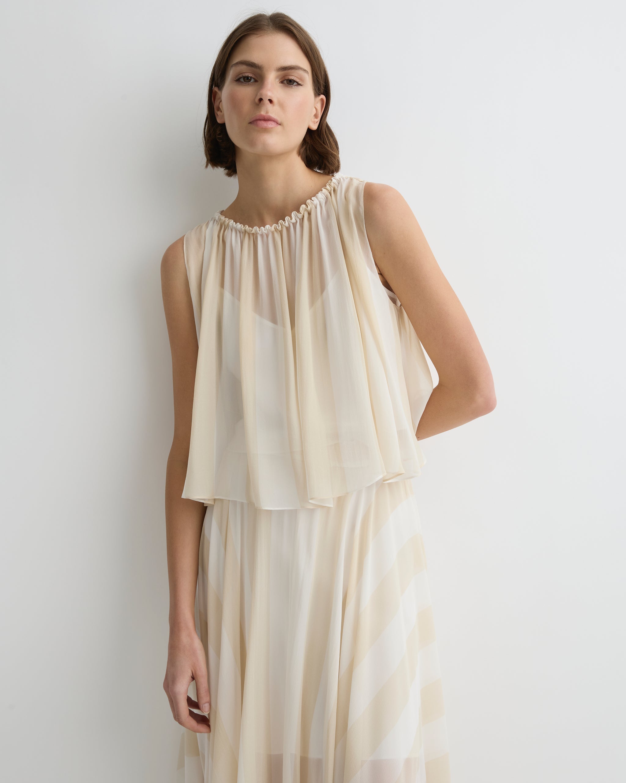 BONDI BORN® | Capri Silk Gathered Top Ecru Stripe | Shirts & Tops