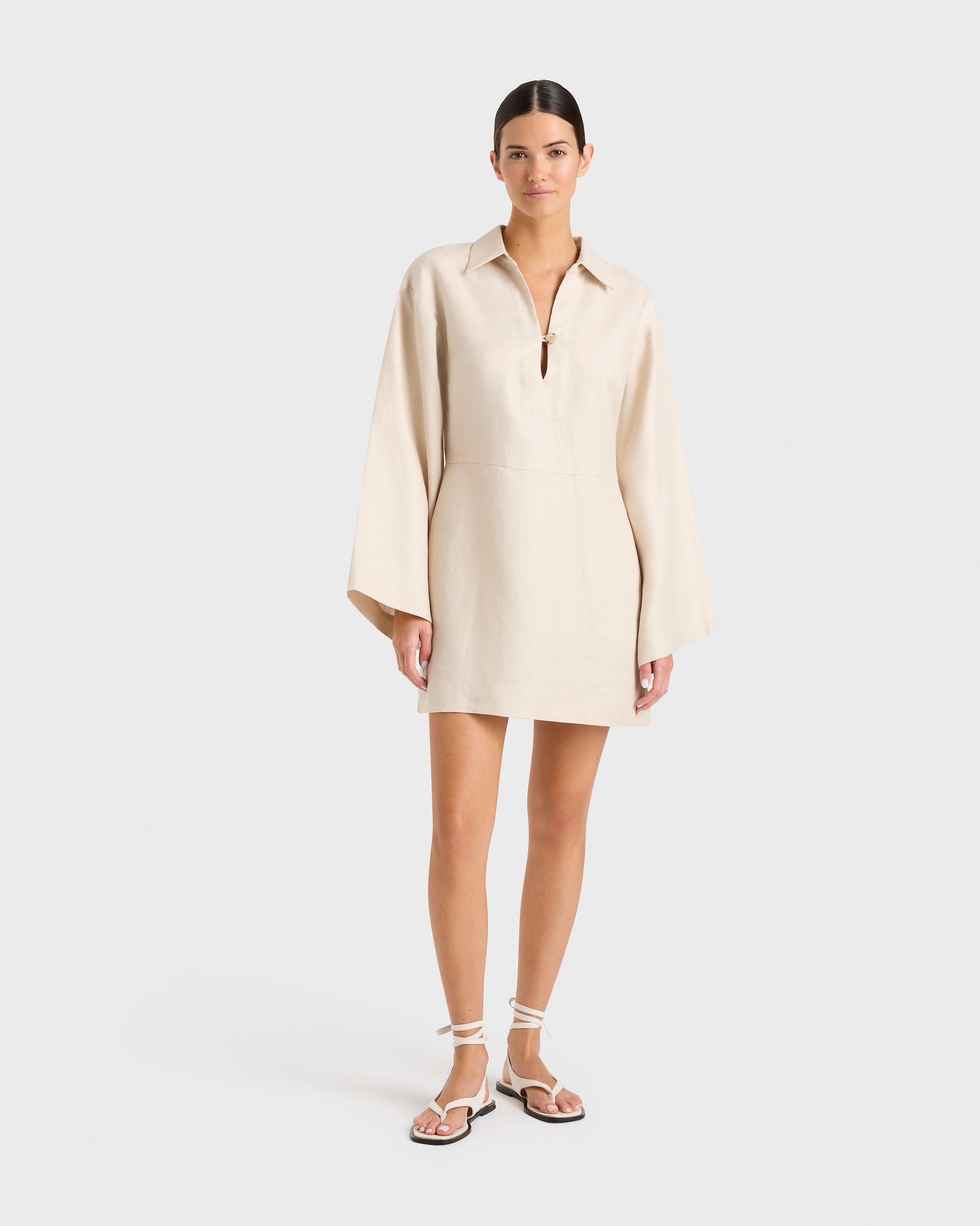 BONDI BORN Delphi Relaxed Sleeve Tunic Dress in Sand Linen BONDI BORN INTL