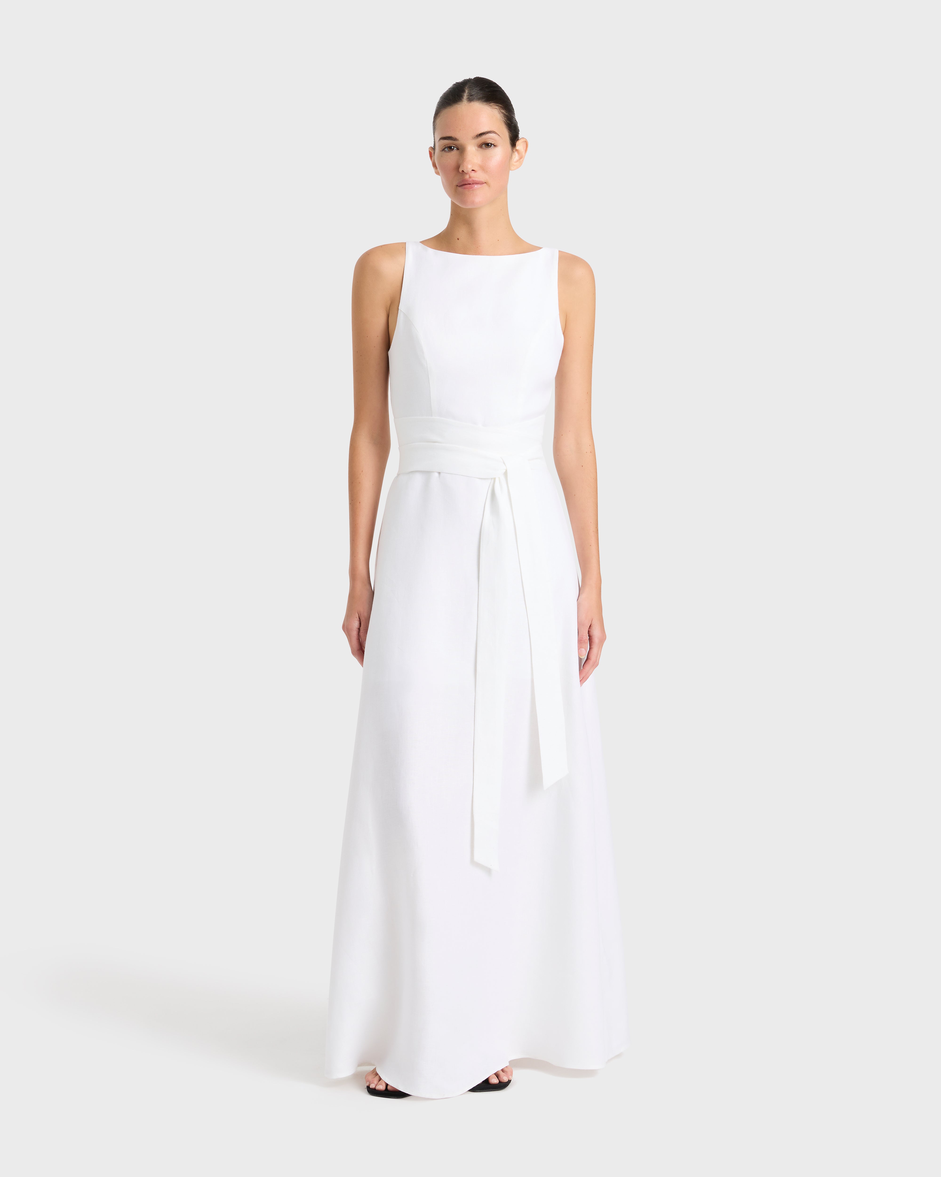 BONDI BORN® Delphi Tie Back Maxi Dress in White Designer Linen