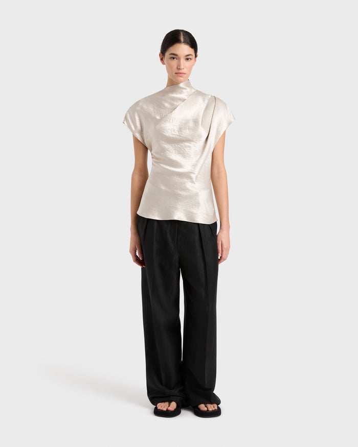 bondi born Kobe Satin Pleat Shoulder Top - Silver