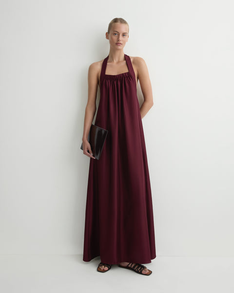 Marfa Silk Halter Maxi Dress Wedding Guest Dress - Burgundy