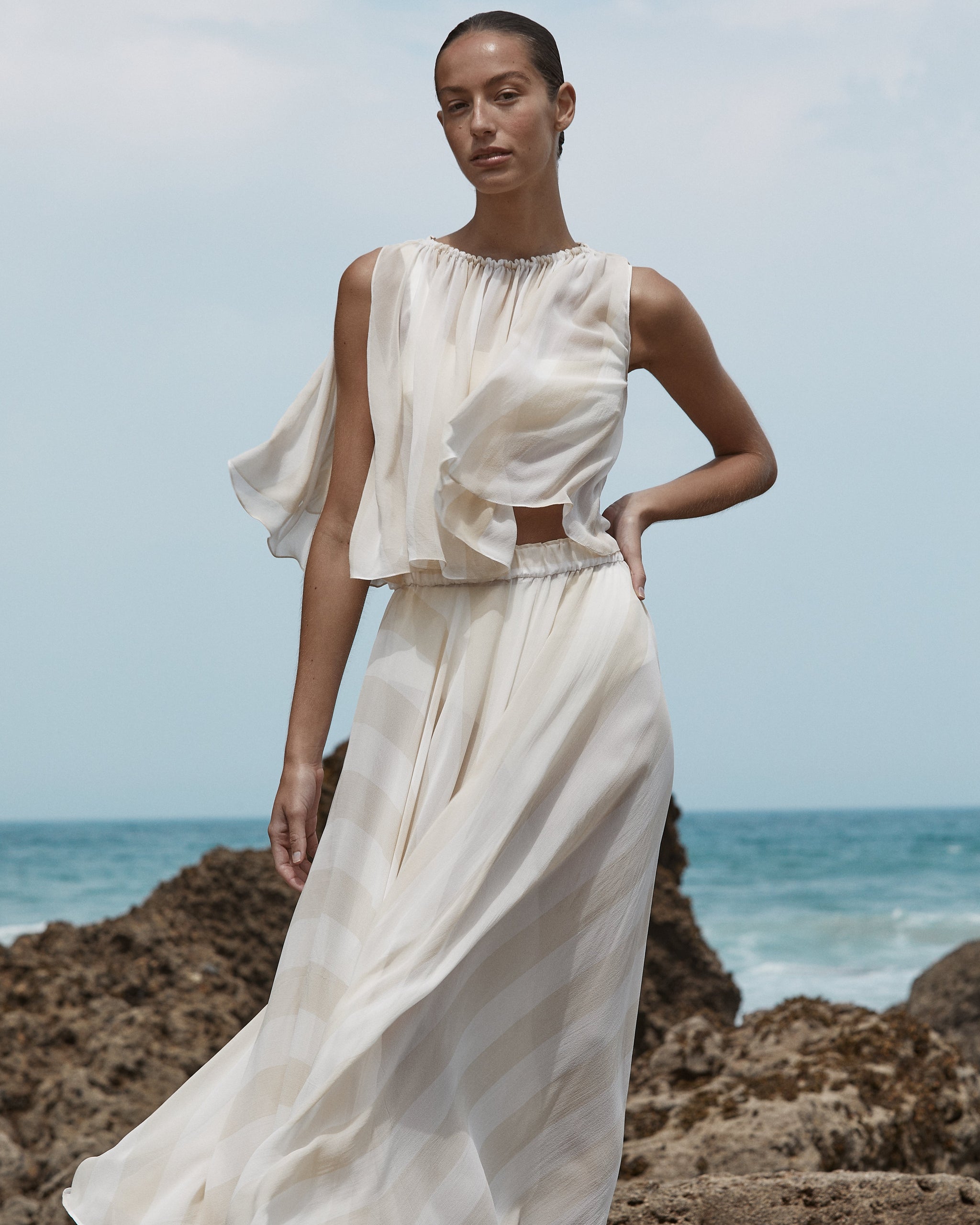 BONDI BORN® | Capri Silk Gathered Top Ecru Stripe | Shirts & Tops